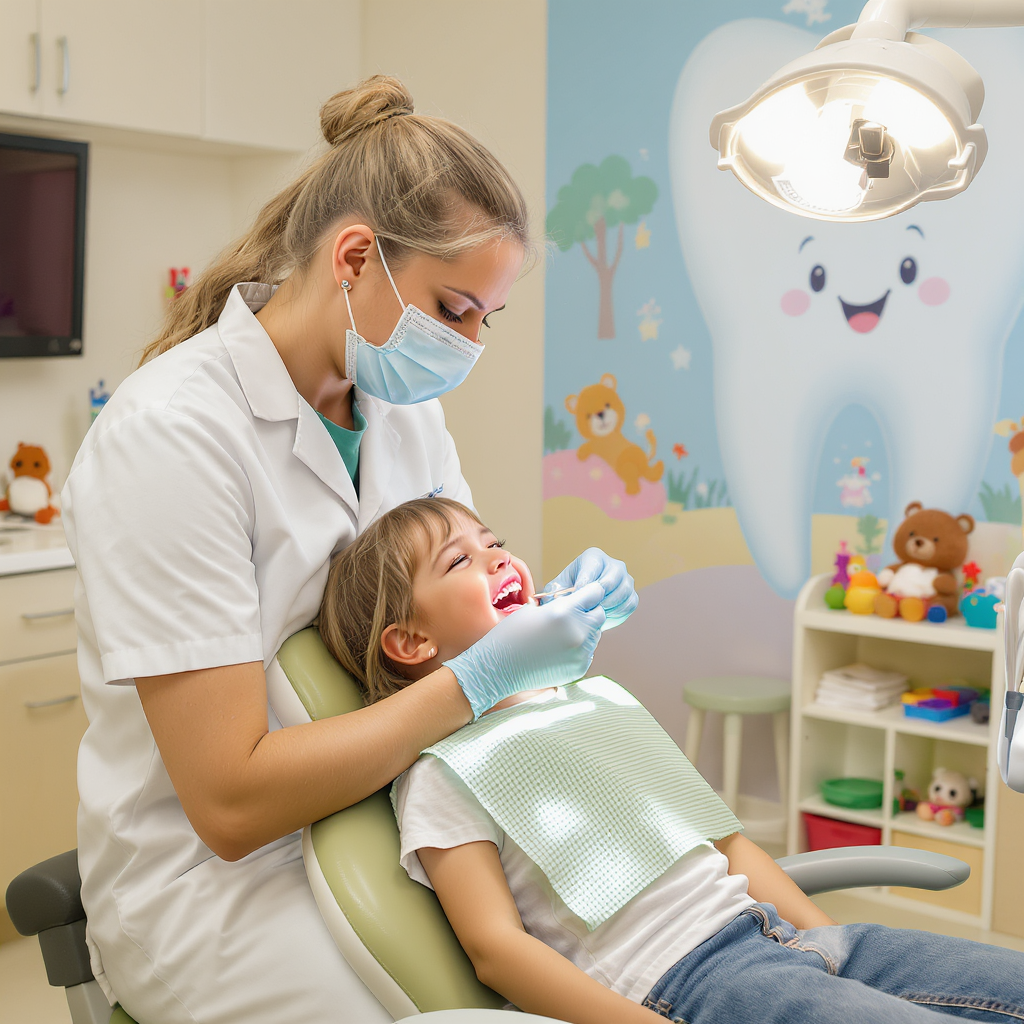 Odontopediatra trabajando con niño sonriente en ambiente dental especialmente diseñado para niños