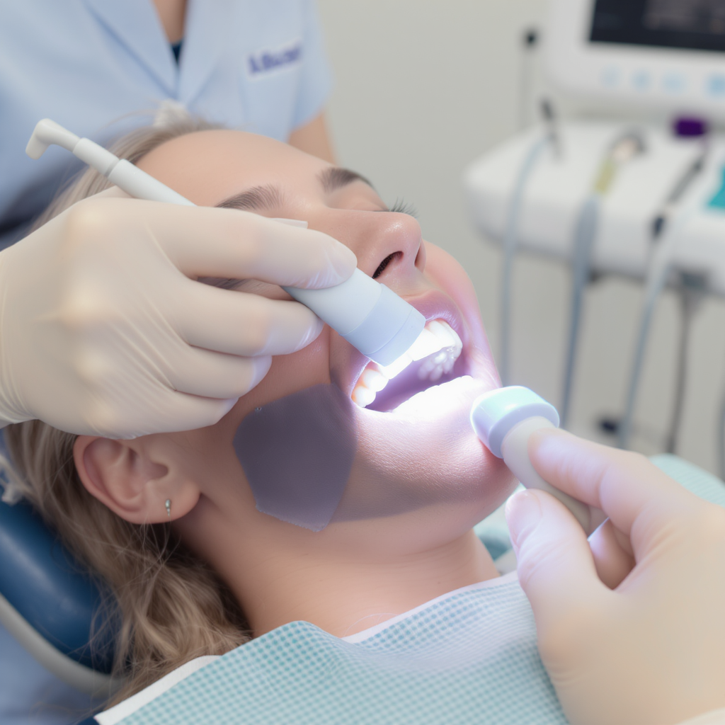 Procedimiento de blanqueamiento dental con luz LED en clínica profesional