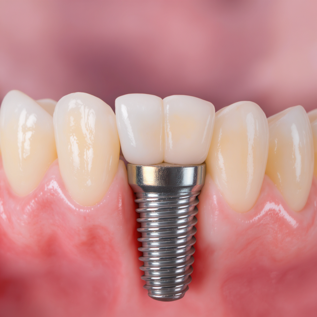 Primer plano de implante dental de alta calidad con dientes perfectamente alineados