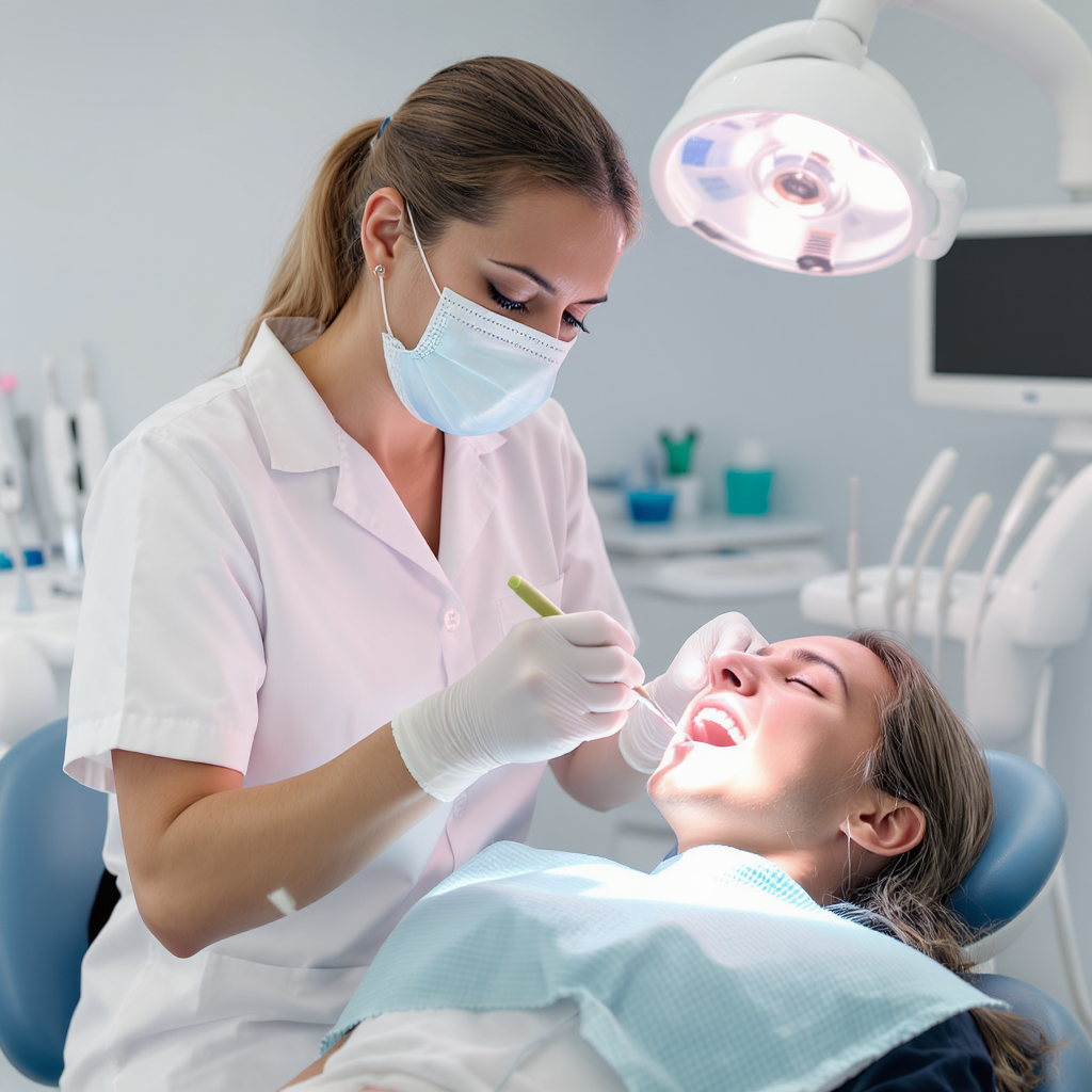 Odontólogo realizando limpieza dental profesional a paciente en clínica moderna
