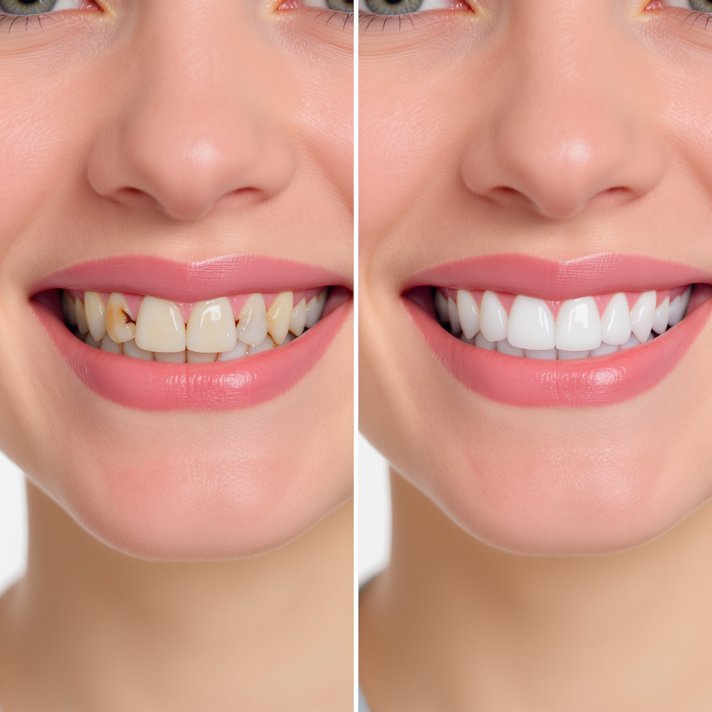 Antes y después de tratamiento de ortodoncia invisible mostrando dientes perfectamente alineados